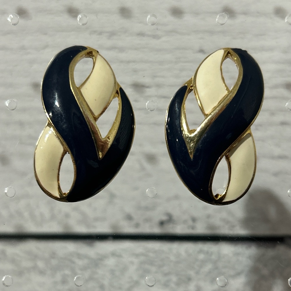 Elegant Gold and Navy Vintage Enamel Earrings